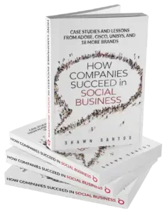 A 3D rendering of multiple copies of a book titled 'How Companies Succeed in Social Business' by Shawn Santos. The book has a white cover featuring a circular design made up of tiny human figures. The subtitle reads 'Case Studies and Lessons from Adobe, Cisco, Unisys, and 18 More Brands'. The books are stacked at an angle, showing both the spine and cover of the topmost book.